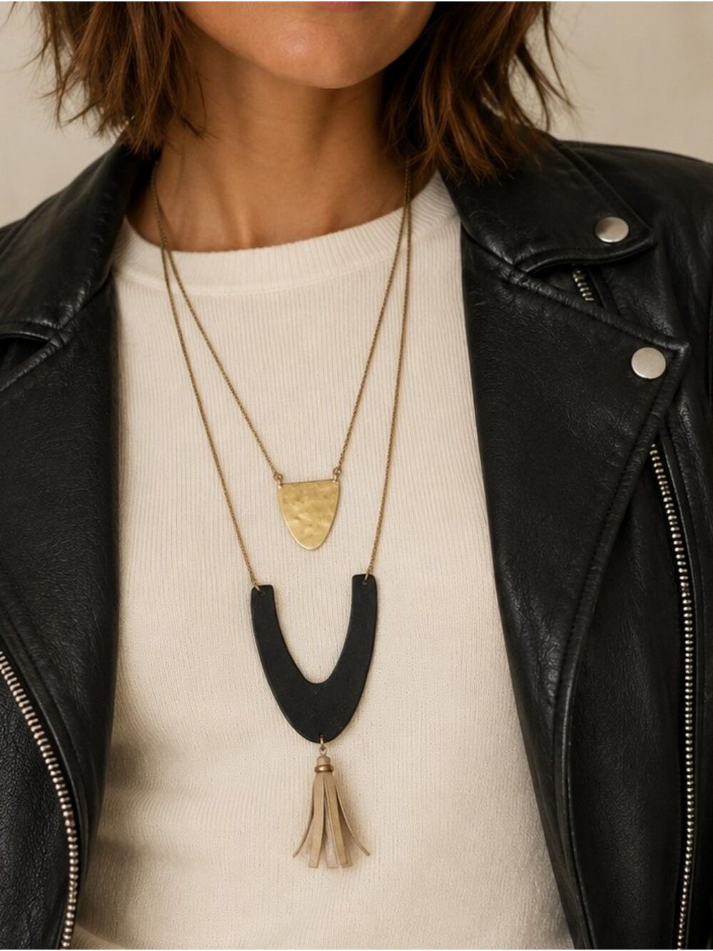 LUCKY BRAND LAYERED BLACK LEATHER GOLD MEDALLION TASSEL STATEMENT NECKLACE